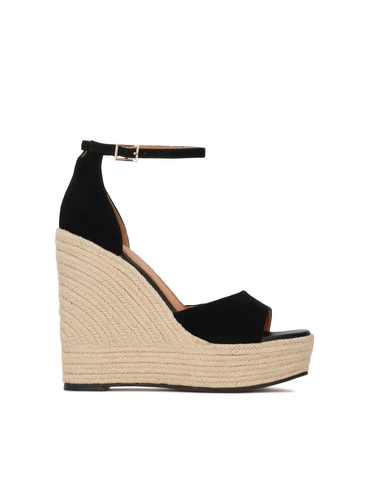 kazar Black suede wedge sandals on a platform