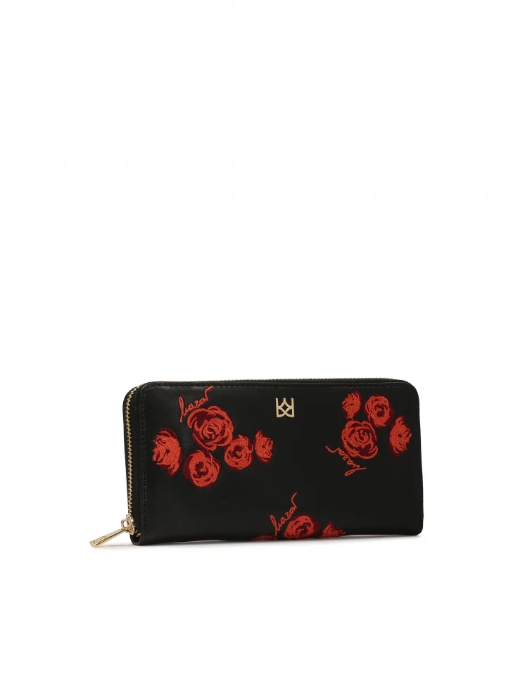 Kazar Black Zip Wallet With Red Roses