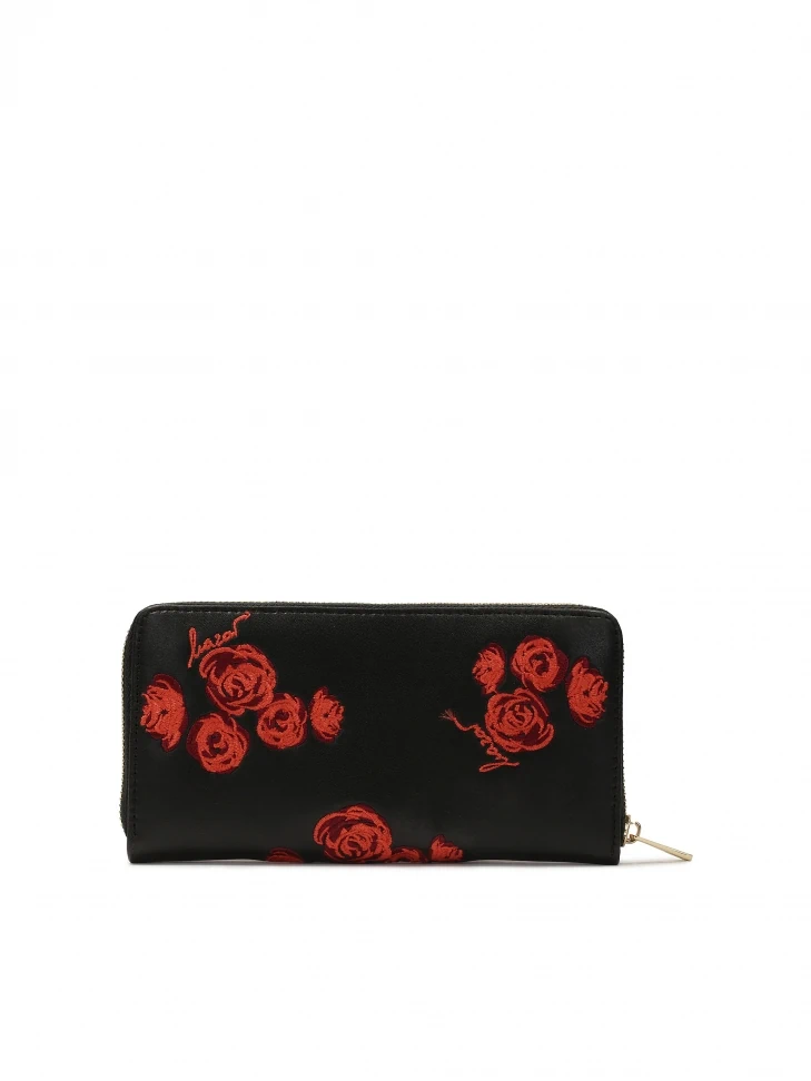 Kazar Black Zip Wallet With Red Roses