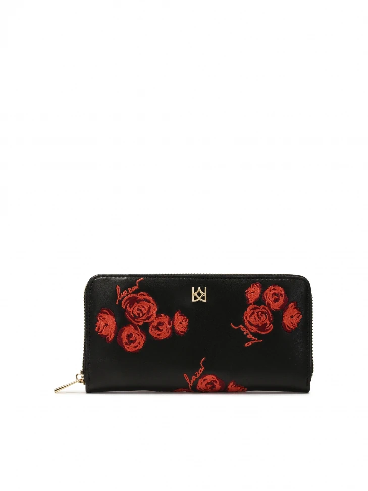 kazar Black zip wallet with red roses