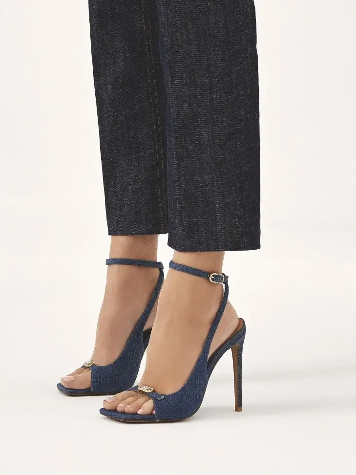 Kazar Blue Denim Fabric Heeled Sandals