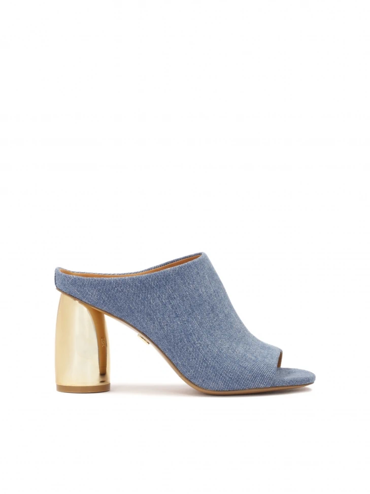 kazar Blue denim mules with gold oval heel