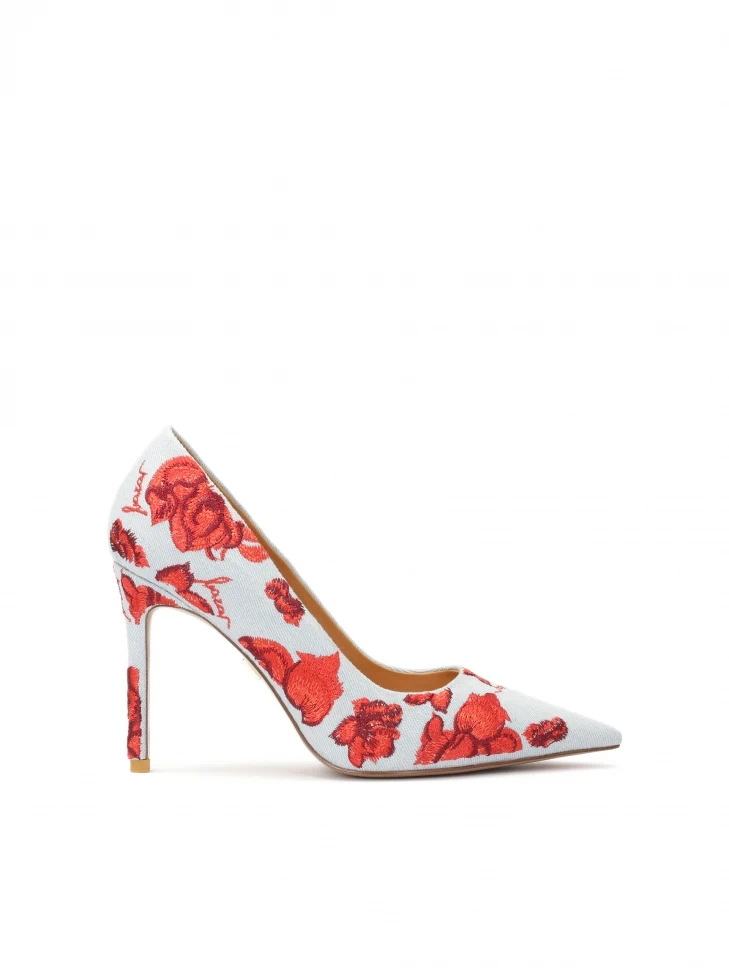 kazar Blue denim pumps with red flowers