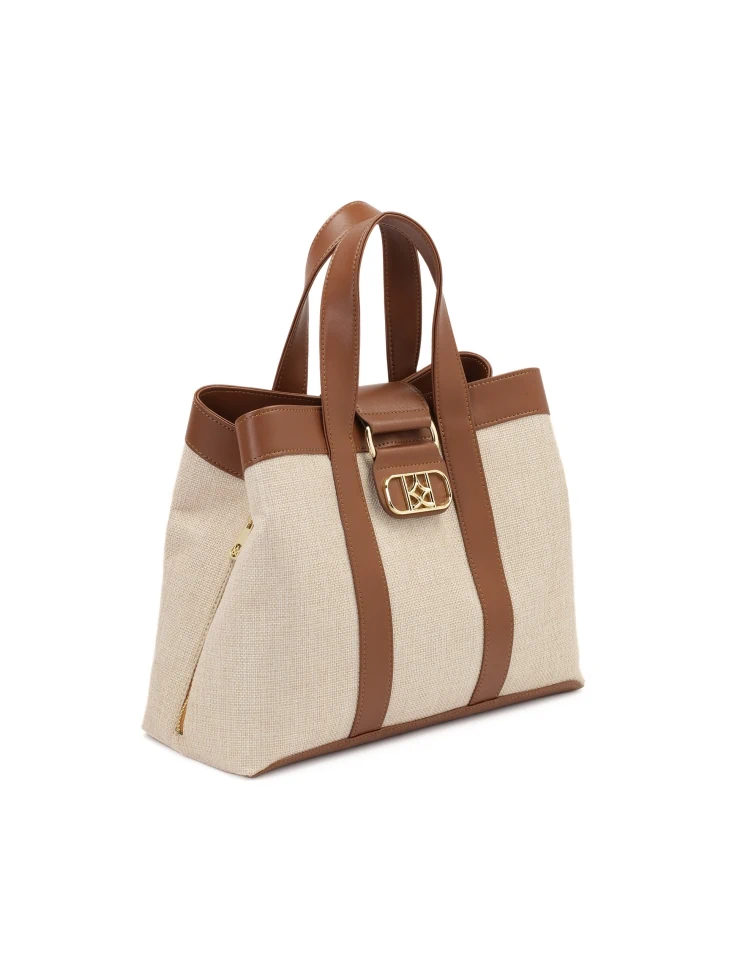 Kazar Brown And Beige Fabric And Leather Handbag