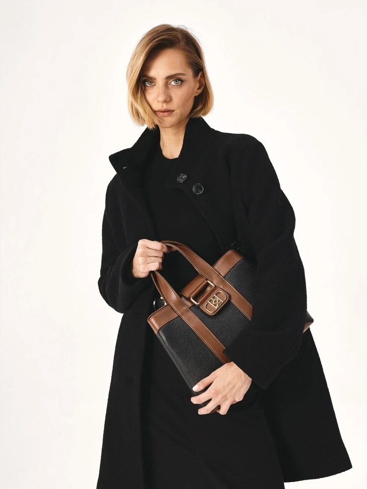 Kazar Brown And Black Handbag With Hand Grips