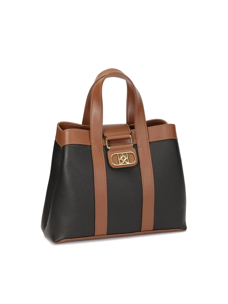Kazar Brown And Black Handbag With Hand Grips
