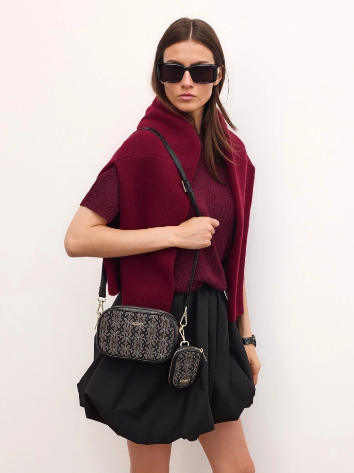 Kazar Brown And Black Patterned Fabric Handbag