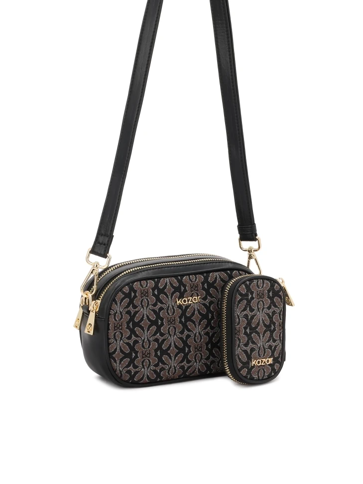 Kazar Brown And Black Patterned Fabric Handbag