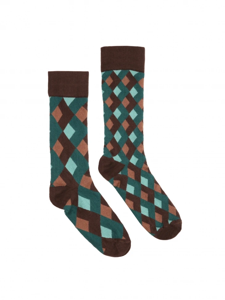Kazar Brown And Green Diamond Pattern Socks