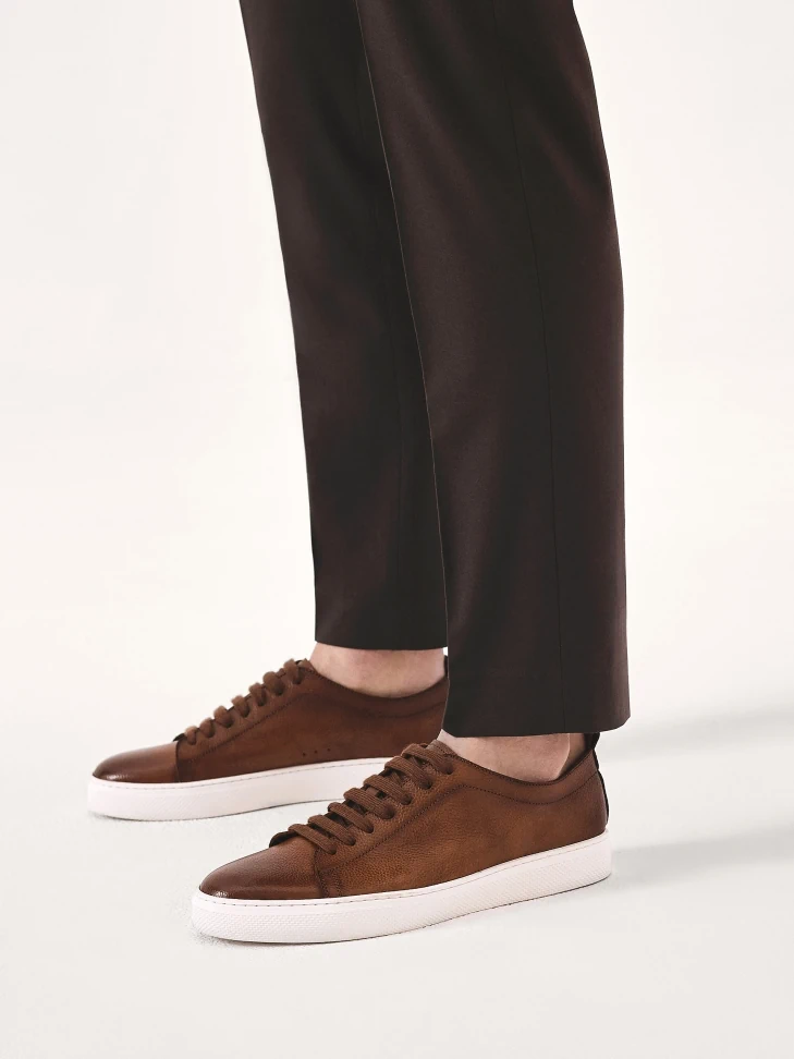 Kazar Brown Grained Leather Sneakers