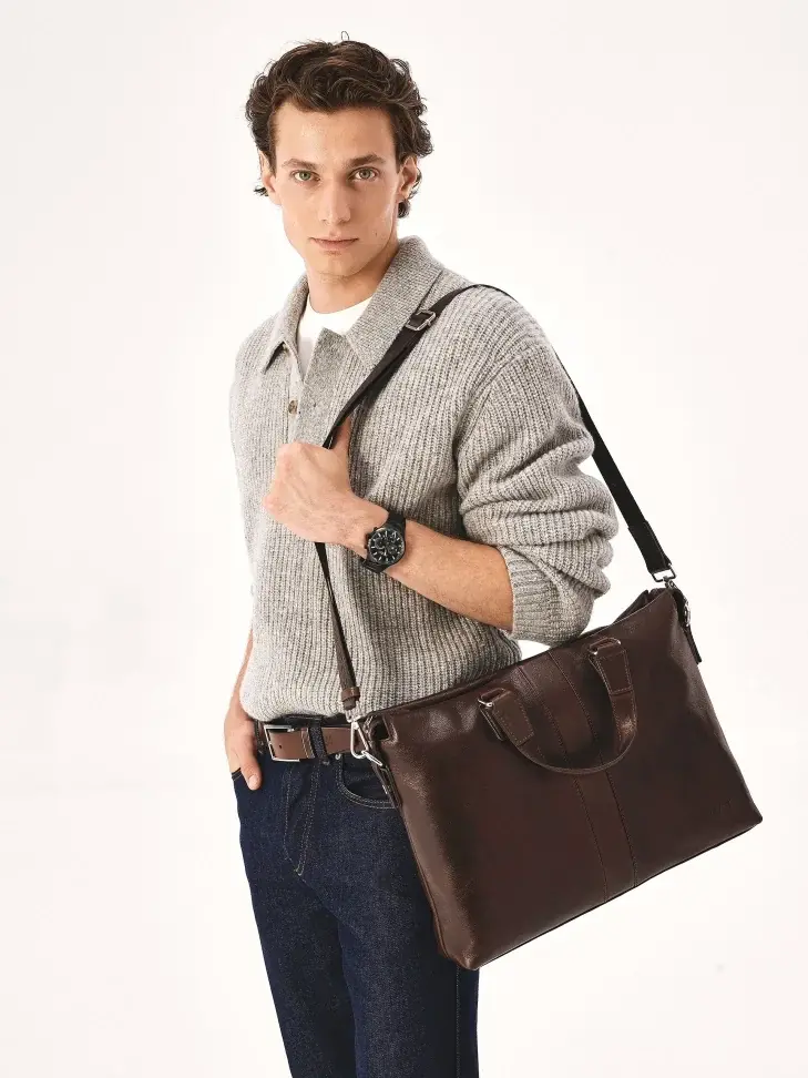 Kazar Brown Leather Bag With Hand Grips