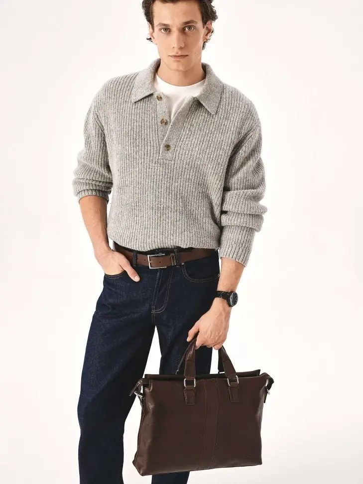 Kazar Brown Leather Bag With Hand Grips