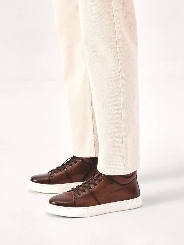 Kazar Brown Leather Sneakers With High Upper