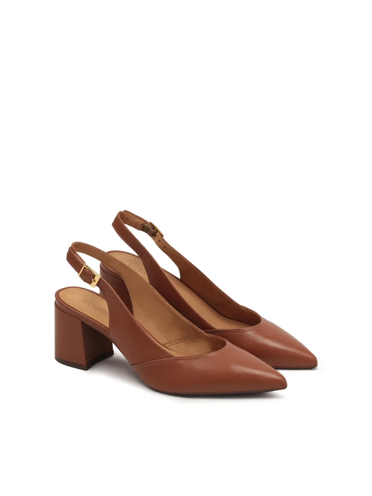 Kazar Brown Pumps On A Post With An Open Heel