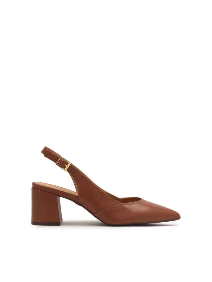 kazar Brown pumps on a post with an open heel