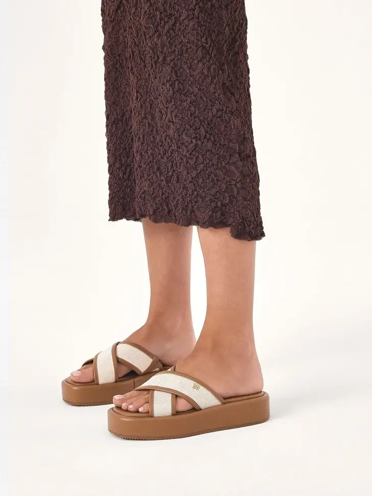 Kazar Brown Slides In Leather And Canvas Fabric