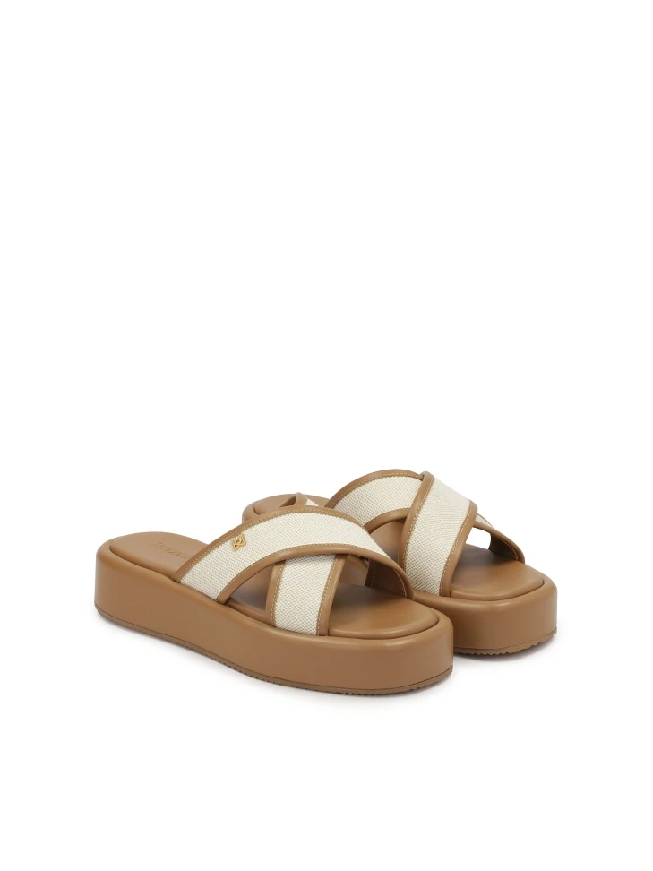 Kazar Brown Slides In Leather And Canvas Fabric