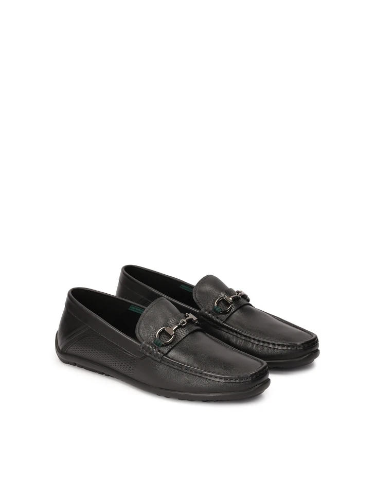 Kazar Comfortable Black Moccasins With Metal Rod