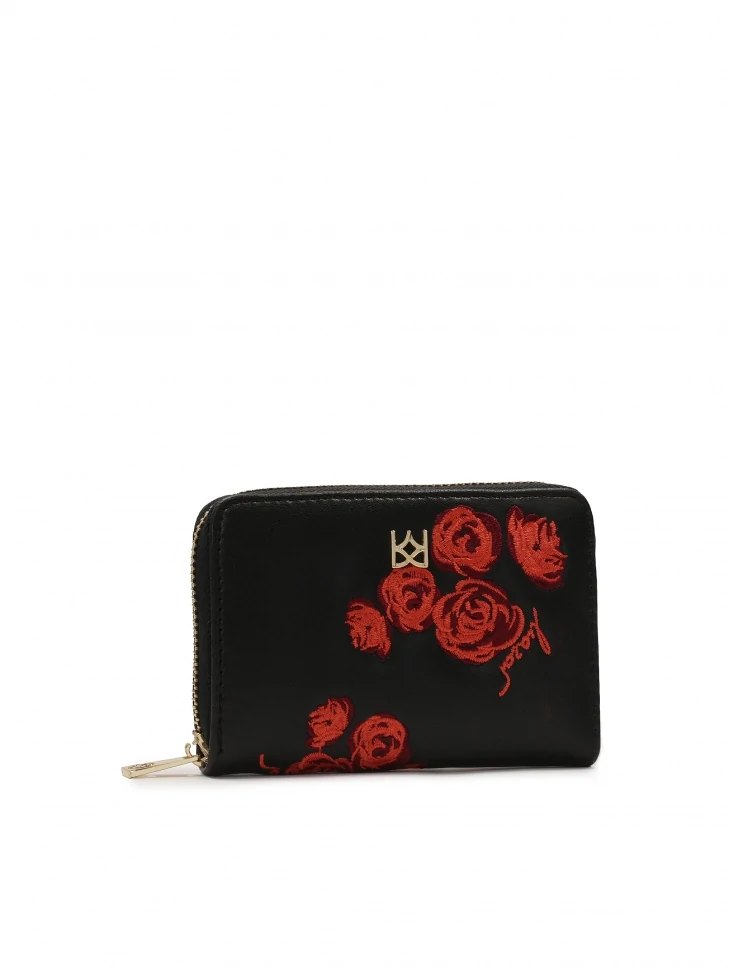 Kazar Compact Black Wallet With Red Roses