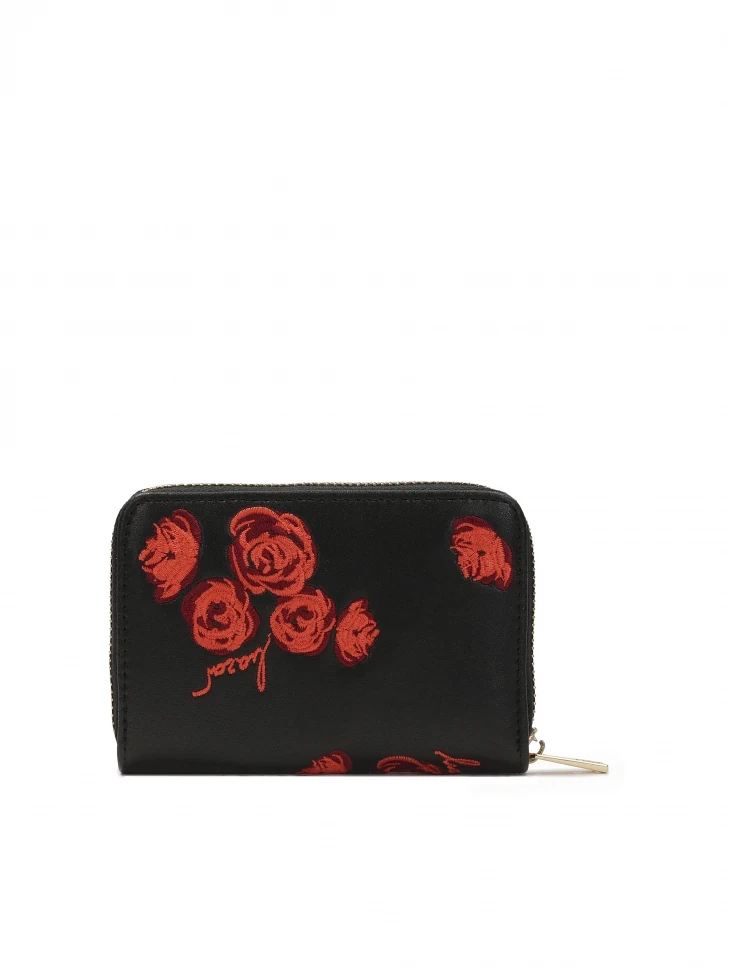 Kazar Compact Black Wallet With Red Roses