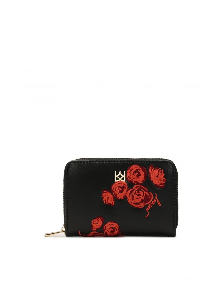 kazar Compact black wallet with red roses