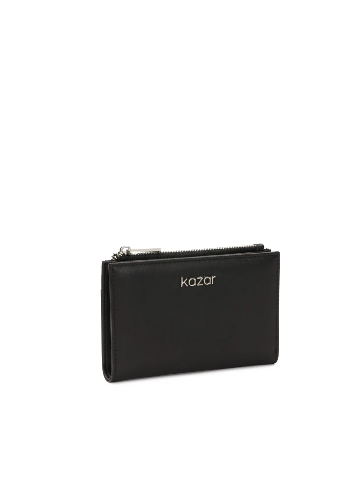 Kazar Compact Black Wallet With Zipper Closure