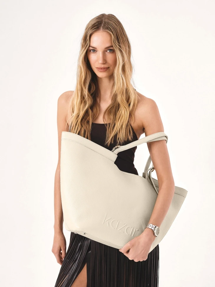 Kazar Cream Large Shoulder Bag In Smooth Leather