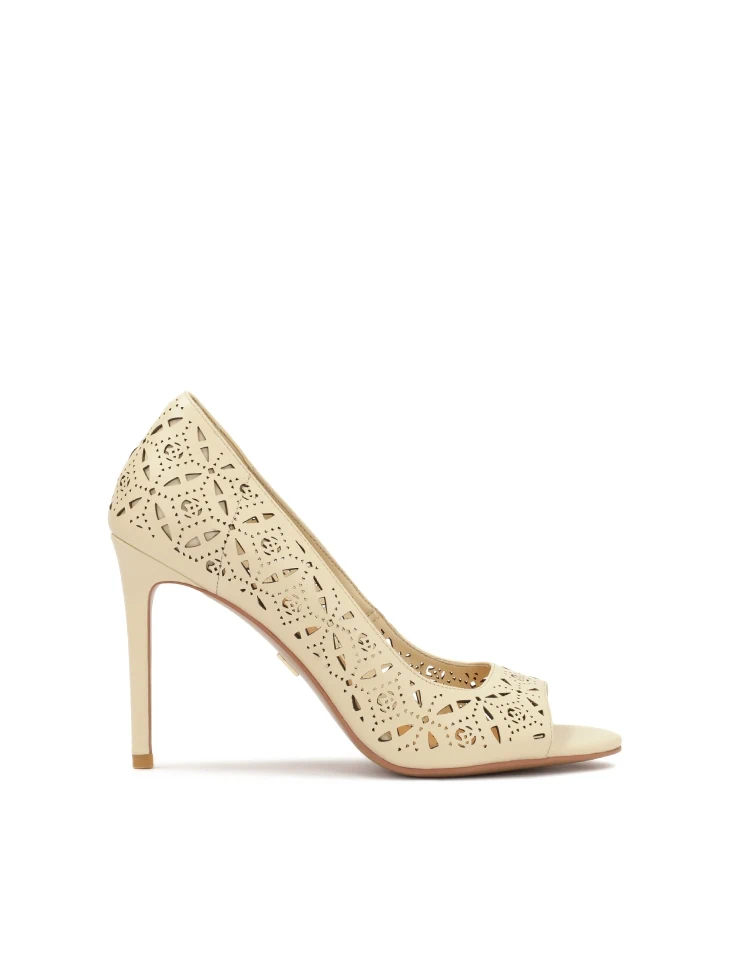 Kazar Cream Peep Toe Pumps With Openwork Pattern
