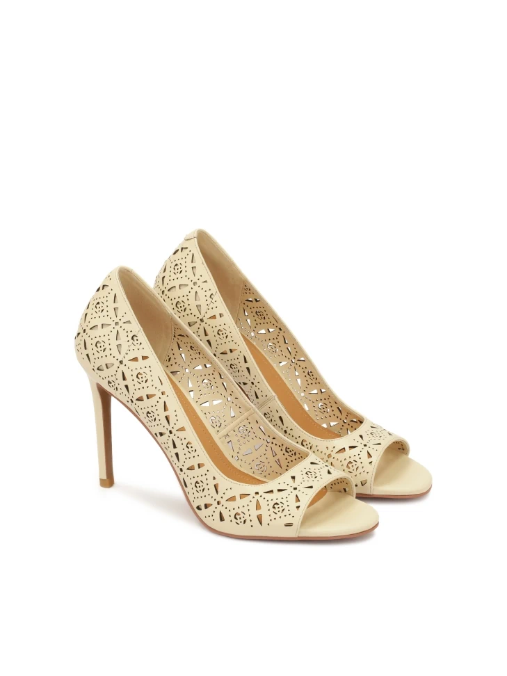 Kazar Cream Peep Toe Pumps With Openwork Pattern