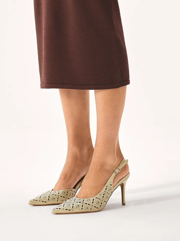 Kazar Cream Slingback Pumps With Openwork Pattern