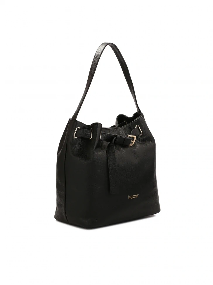 Kazar Decorated With A Strap Black Leather Handbag