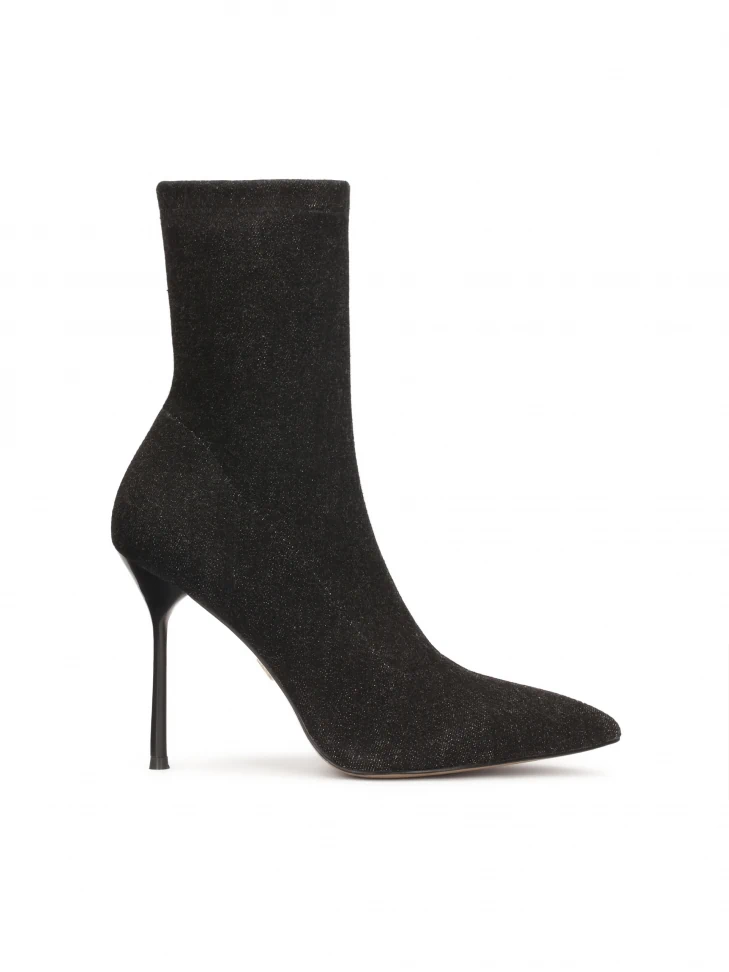 kazar Denim black boots on a thin stiletto heel