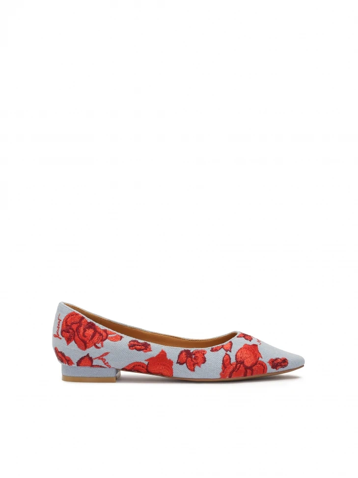 kazar Flat denim fabric pumps with floral pattern