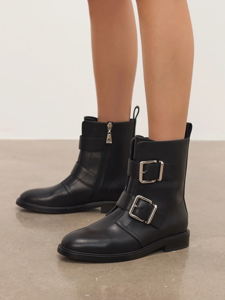 Kazar Flat Leather Boots Decorated With Buckles