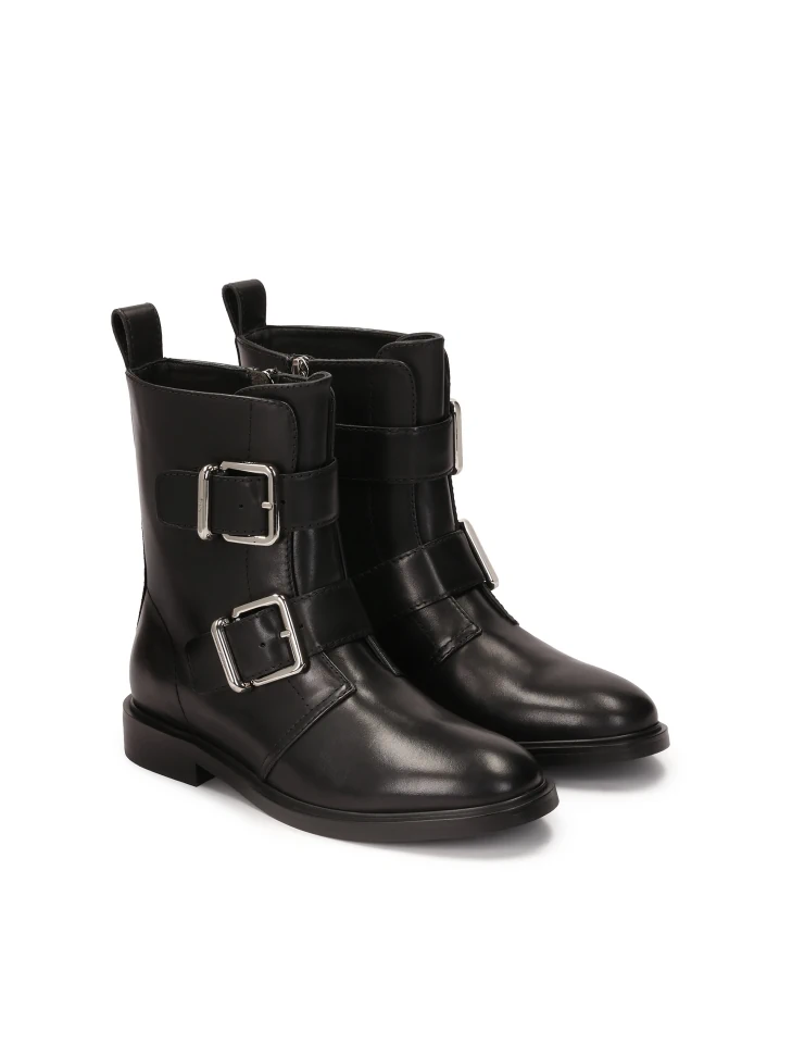 Kazar Flat Leather Boots Decorated With Buckles