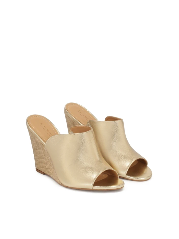 Kazar Gold Leather Mules With Raffia Heels