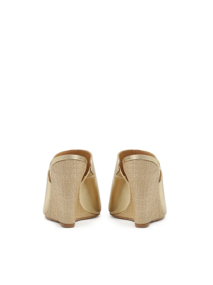 Kazar Gold Leather Mules With Raffia Heels