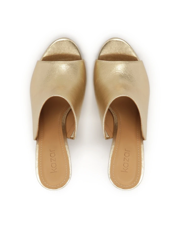 Kazar Gold Leather Mules With Raffia Heels