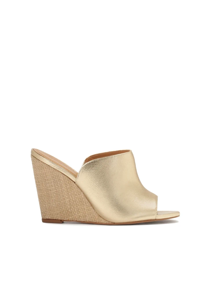 kazar Gold leather mules with raffia heels