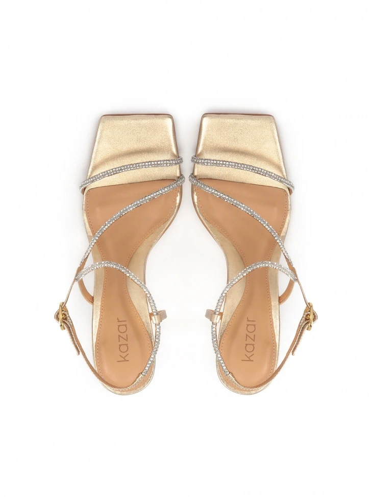 Kazar Golden Leather Sandals With Crystals