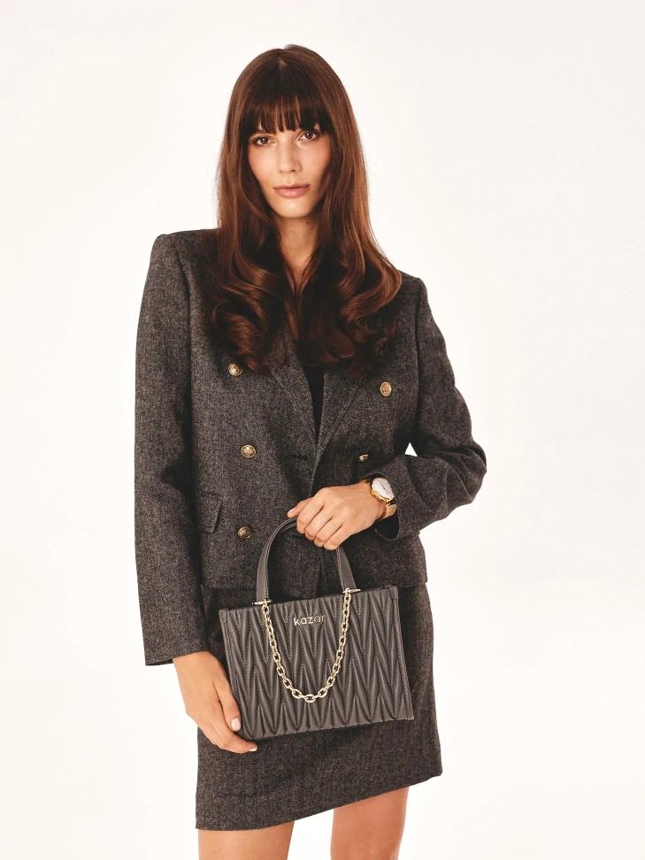 Kazar Grey Handbag With Quilted Front And Chain