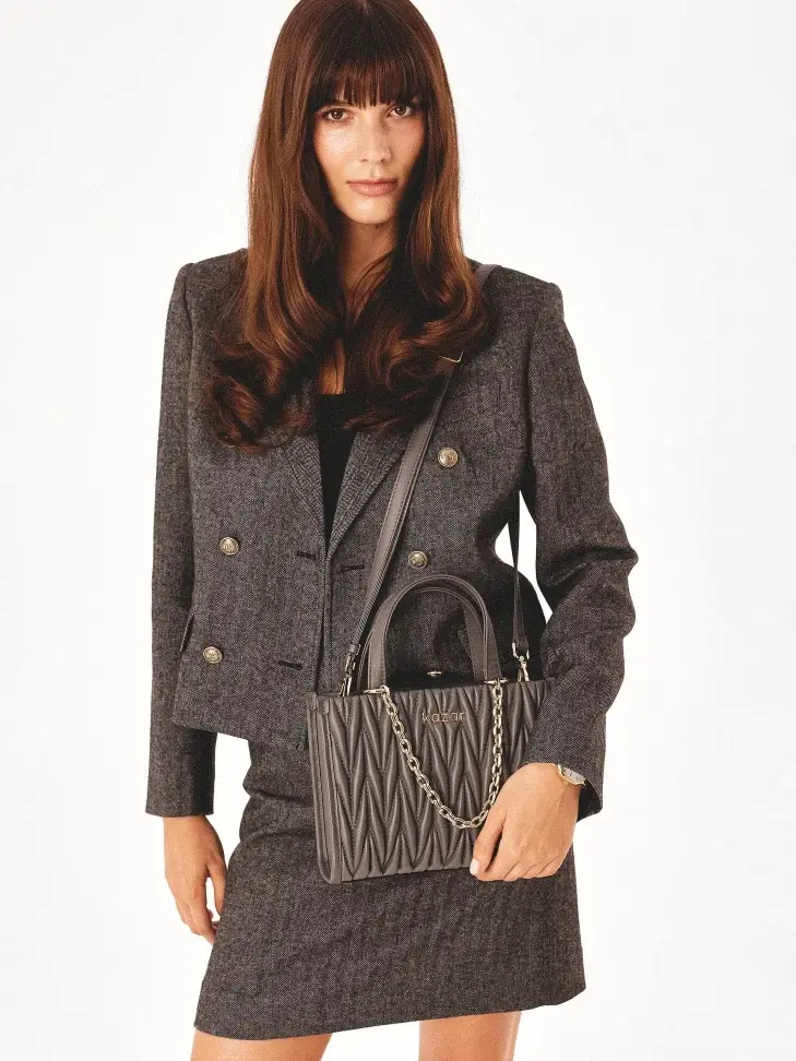 Kazar Grey Handbag With Quilted Front And Chain