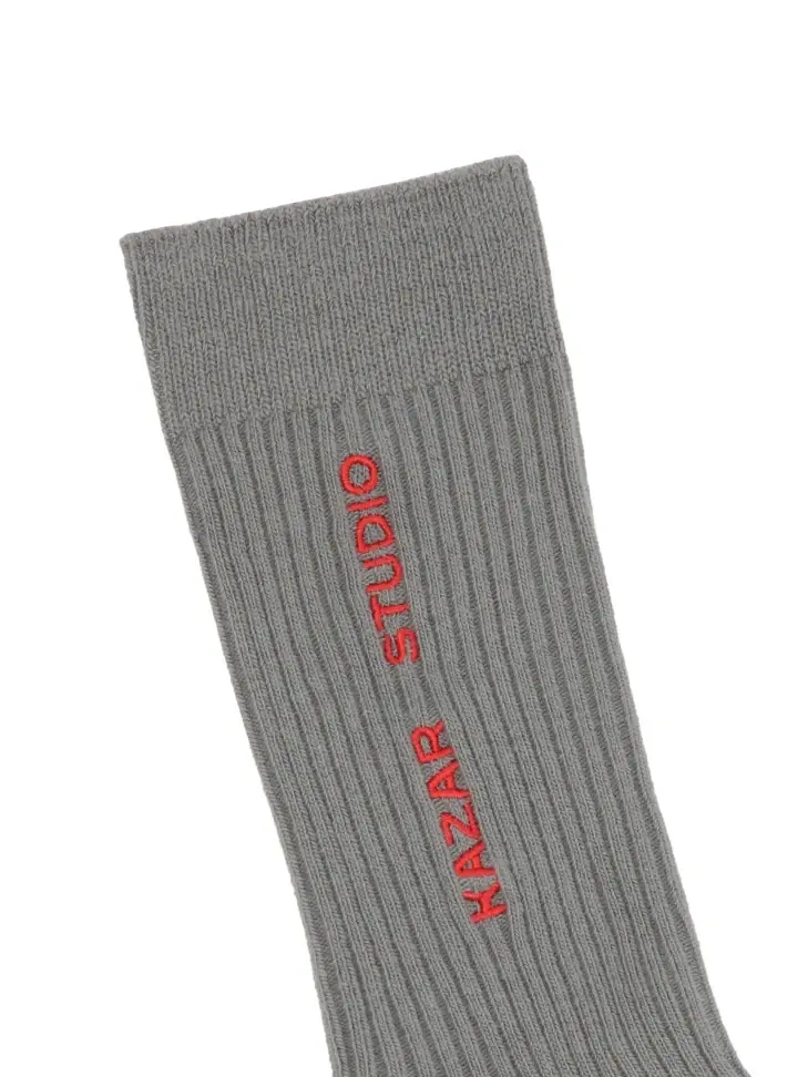 Kazar Grey Ribbed Socks With Embroidered Logo
