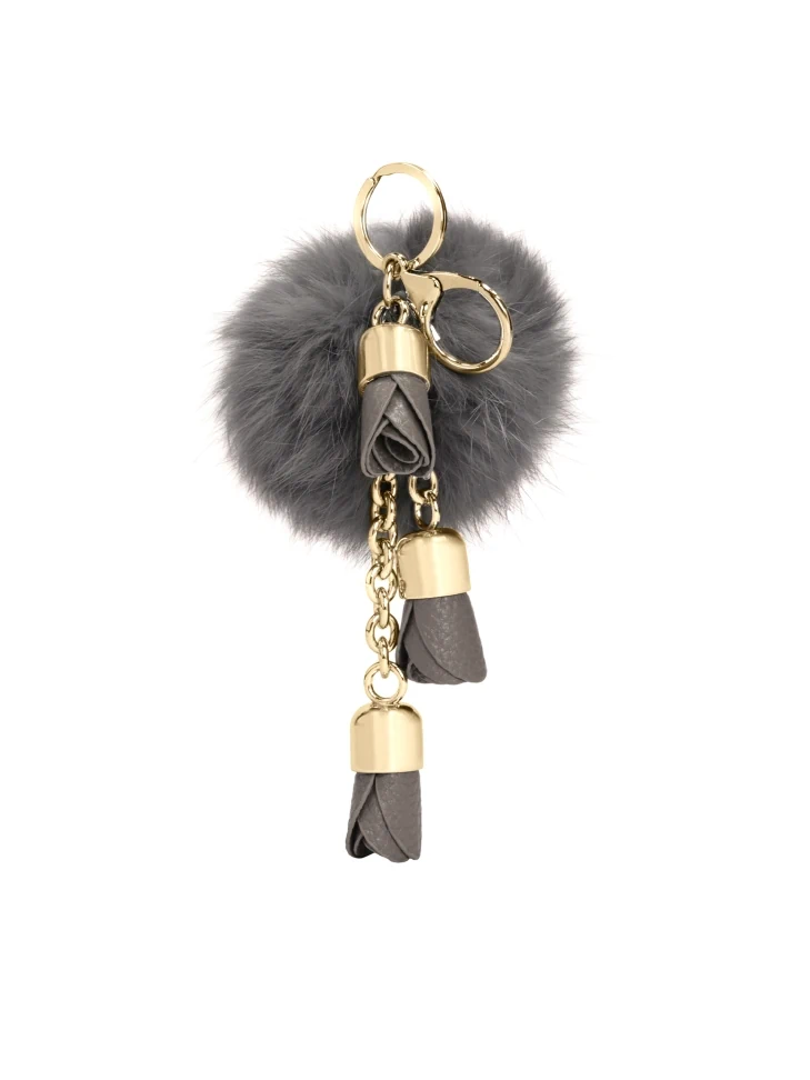 Kazar Key Ring With Gray Pom-pom And Flowers