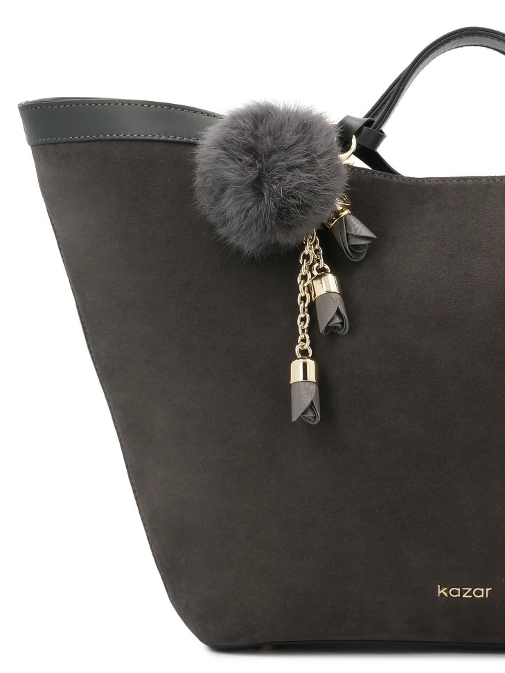 Kazar Key Ring With Gray Pom-pom And Flowers