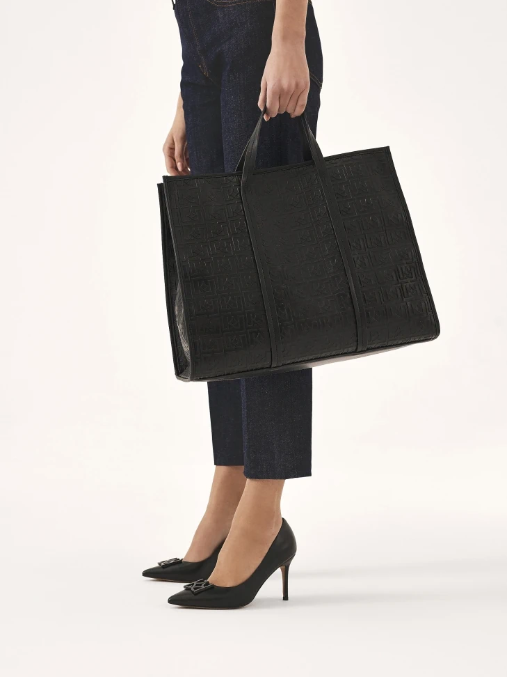 Kazar Large Black Handbag With Embossed Pattern