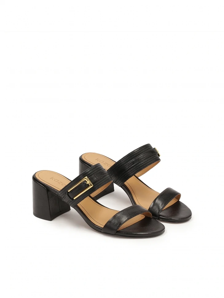 Kazar Leather Black Mules With Two Straps
