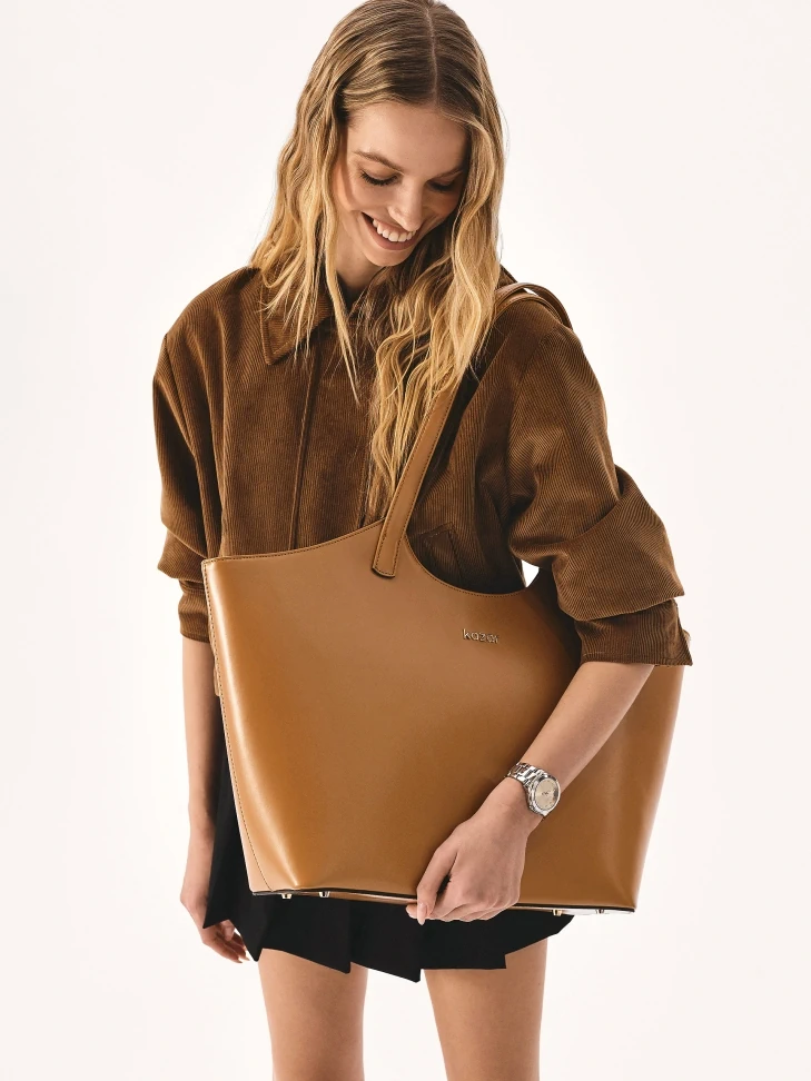 Kazar Light Brown Tote Bag With Shoulder Handles