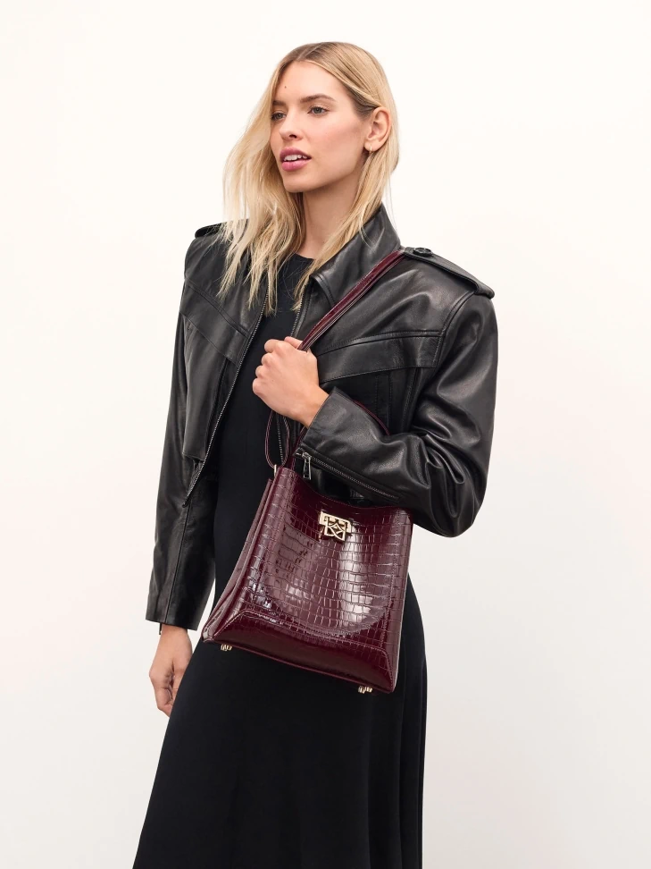 Kazar Maroon Embossed Patent Leather Handbag
