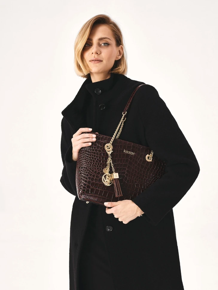 Kazar Maroon Glossy Embossed Leather Handbag